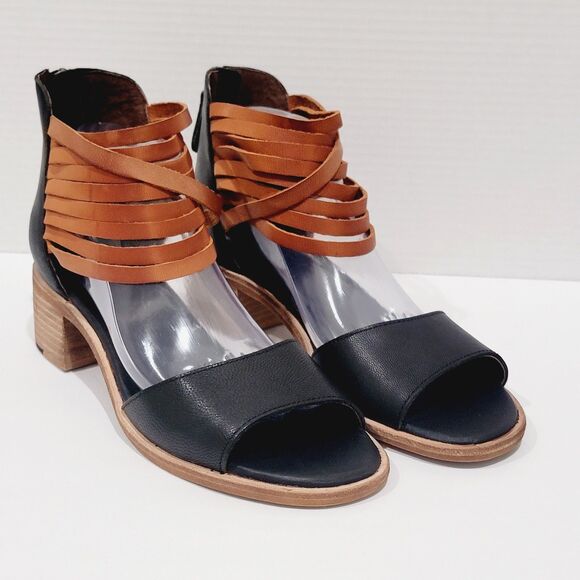 Gee WaWa Sandals Women Sz 10 M Black Brown Leather Ankle Strap Heels Hand Made - Picture 1 of 13